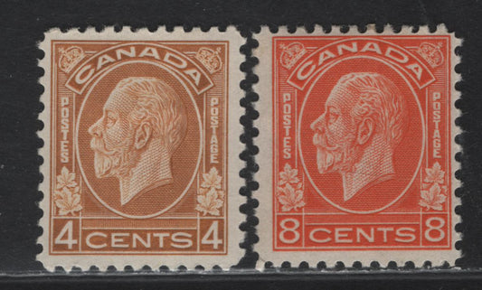 Lot 60 Canada (C) #198i, 200 4c - 8c Brownish Ochre - Orange King George V - Quebec Citadel, 1932 Medallion Issue, 2 FOG Singles, BABN-HH & BABN-P Papers, Perfs 10.8x10.9 & 10.9x10.8, 18.5x22mm & 18.5x22.1mm Designs.