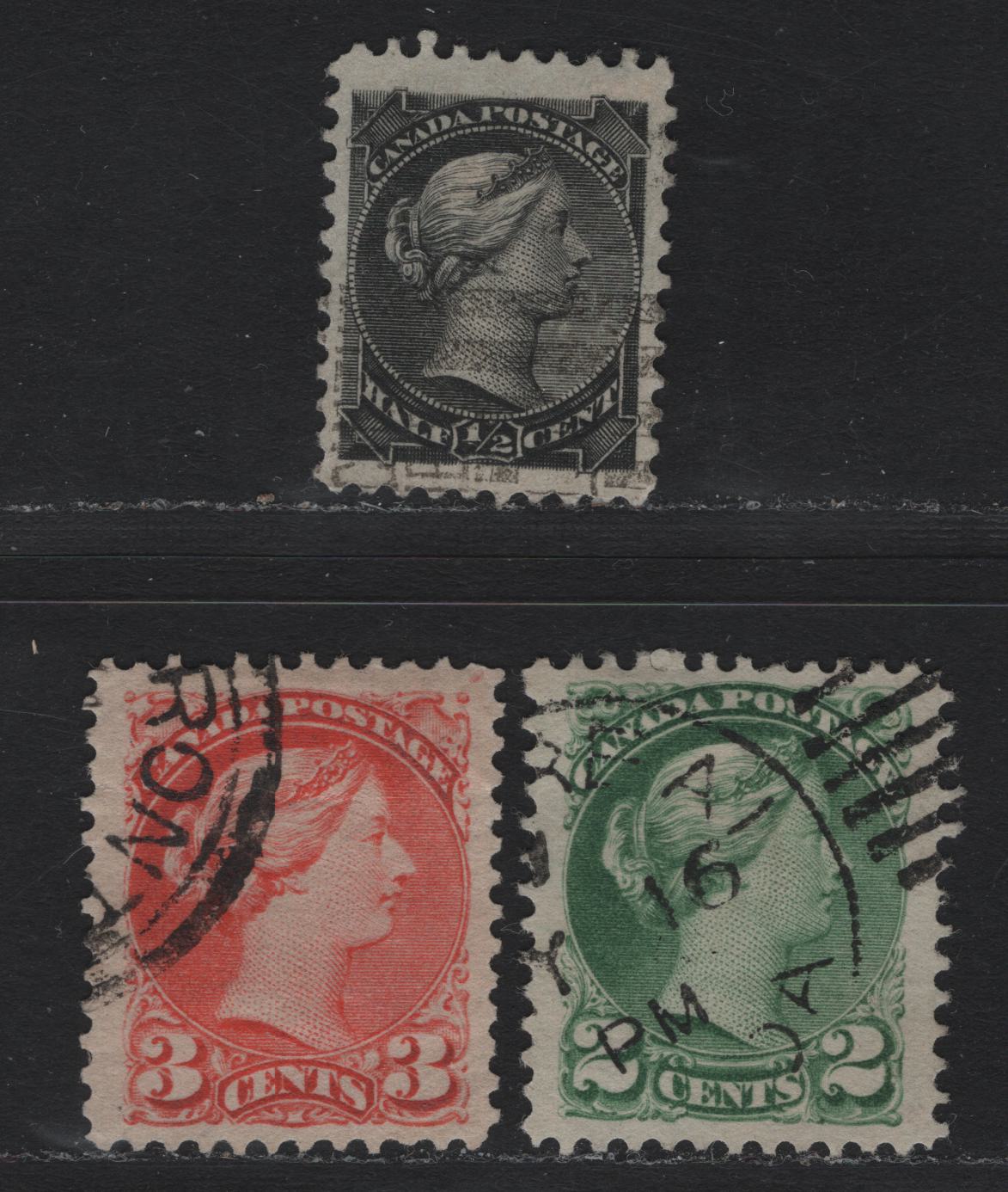 Lot 6 Canada (C) #34, 36i 41 1/2c - 3c Black - Vermillion Queen Victoria, 1870-1897 Small Queen Issue, 3 Fine/Very Fine Used SIngles, Unchecked As To Paper Type & Perf, Light Horizontal Bend In 3c Visible Only From The Back, 2nd Ottawa Printings.