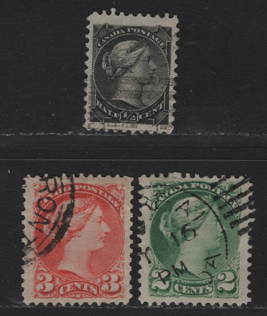 Lot 6 Canada (C) #34, 36i 41 1/2c - 3c Black - Vermillion Queen Victoria, 1870-1897 Small Queen Issue, 3 Fine/Very Fine Used SIngles, Unchecked As To Paper Type & Perf, Light Horizontal Bend In 3c Visible Only From The Back, 2nd Ottawa Printings.