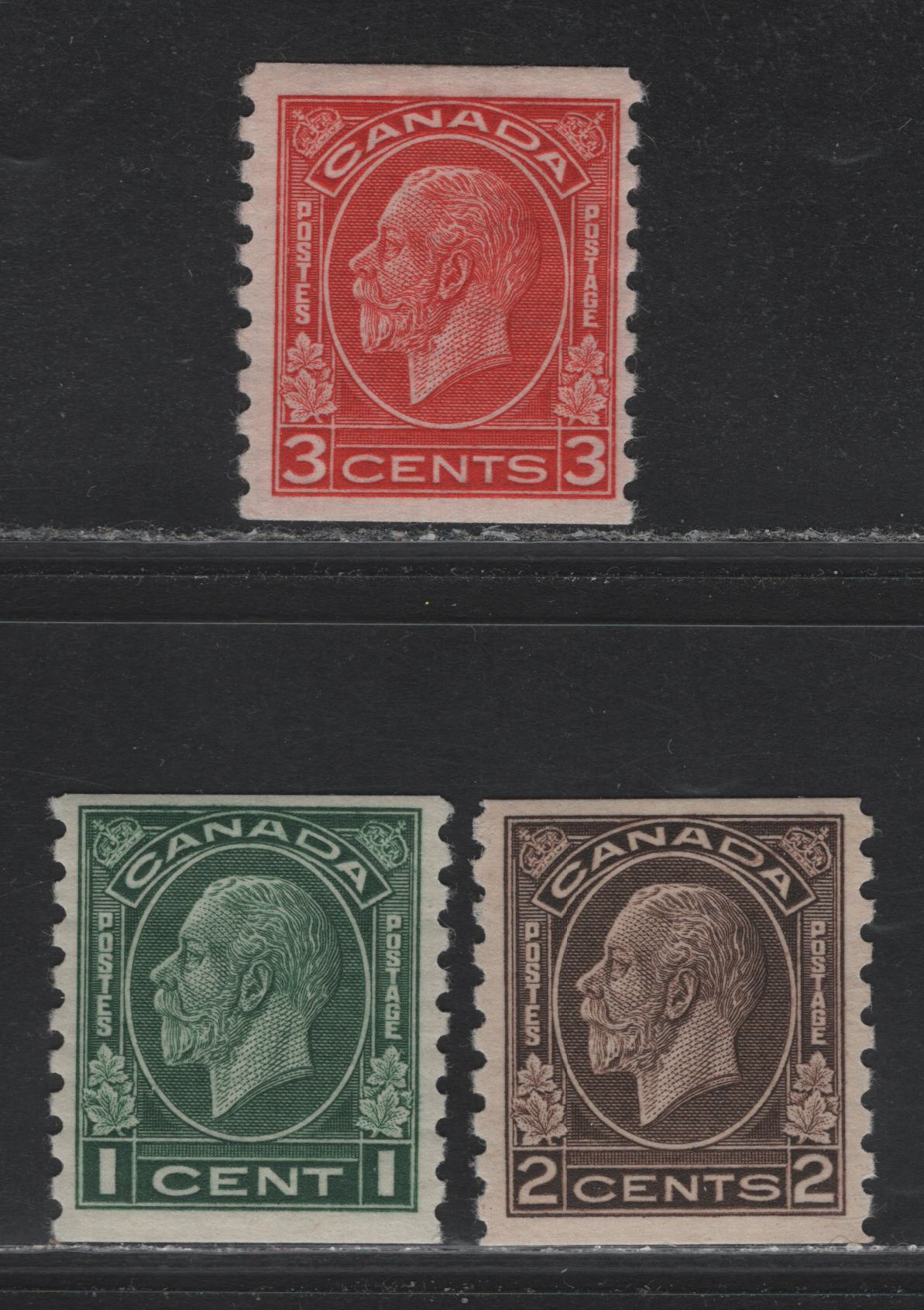 Lot 61 Canada (C) #205-207 1c - 3c Deep Green - Scarlet King George V - Quebec Citadel, 1933 Medallion Coil Issue, 3 F/VFNH/OG Singles, BABN-A & BABN-Y Papers, 18.25x21.75mm, 18.4x21.5mm & 18.5x21.5mm Designs