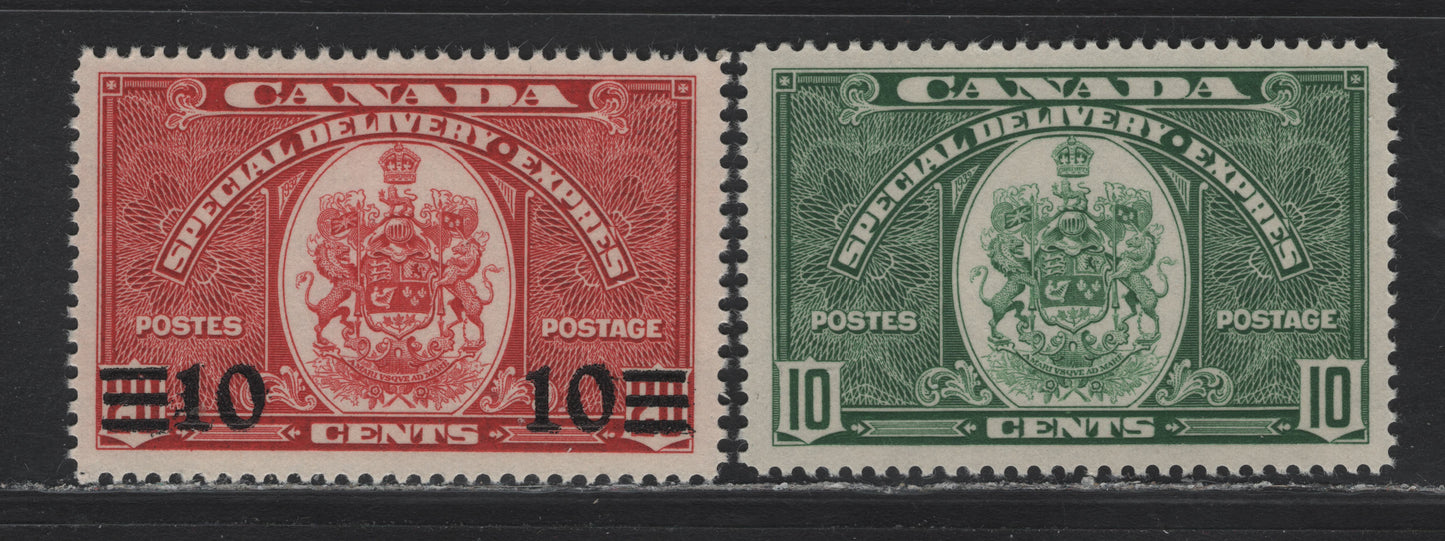 Lot 64 Canada (C) #E7, E9 10c - 10c on 20c Dark Green - Dark Carmine , 1939 Special Delivery Issue, 2 VFNH SIngles, CBN-OO & CBN-MMMMM Papers, Perfs 11.9 & 11.9x12