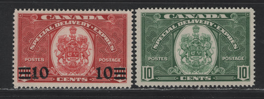 Lot 64 Canada (C) #E7, E9 10c - 10c on 20c Dark Green - Dark Carmine , 1939 Special Delivery Issue, 2 VFNH SIngles, CBN-OO & CBN-MMMMM Papers, Perfs 11.9 & 11.9x12