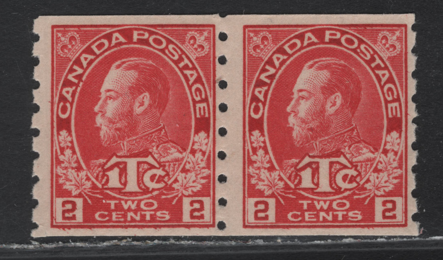 Lot 70 Canada (C) #MR6 2c+1c Carmine King George V, 1916 War Tax Issue, A FNH Coil Pair, ABN-A Paper, Perf 8 Vertical, Die 1.