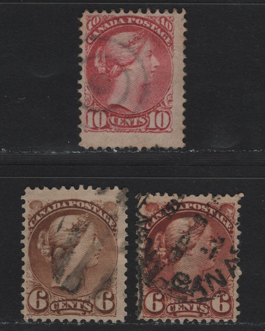 Lot 7 Canada (C) #43-a, 45a 6c - 10c Chocolate - Dull Rose Queen Victoria, 1888-1897 Small Queen Issue, 3 Very Good/Fine Used Singles, 2nd Ottawa Printings, Unchecked As To Specific Paper Types & Perfs, Chocolate Stamp Has 3 Pos. Dots At LL.