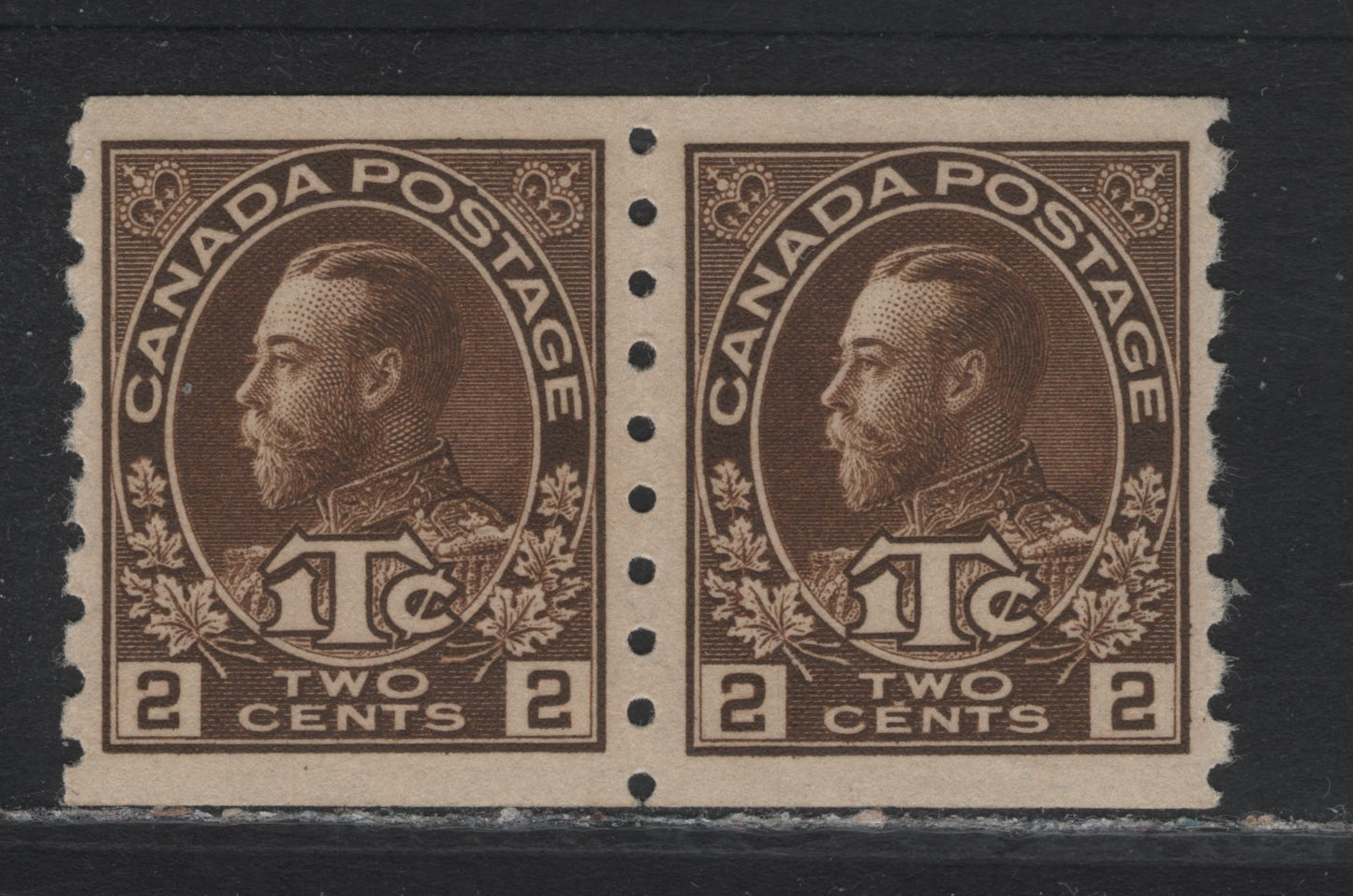 Lot 71 Canada (C) #MR7 2c+1c Dark Brown King George V, 1916 War Tax Issue, A VFNH Coil Pair, Die 2, Retouched Frameline, ABN-A Paper.