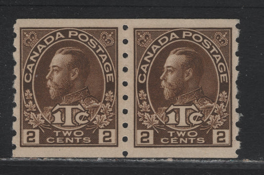 Lot 71 Canada (C) #MR7 2c+1c Dark Brown King George V, 1916 War Tax Issue, A VFNH Coil Pair, Die 2, Retouched Frameline, ABN-A Paper.