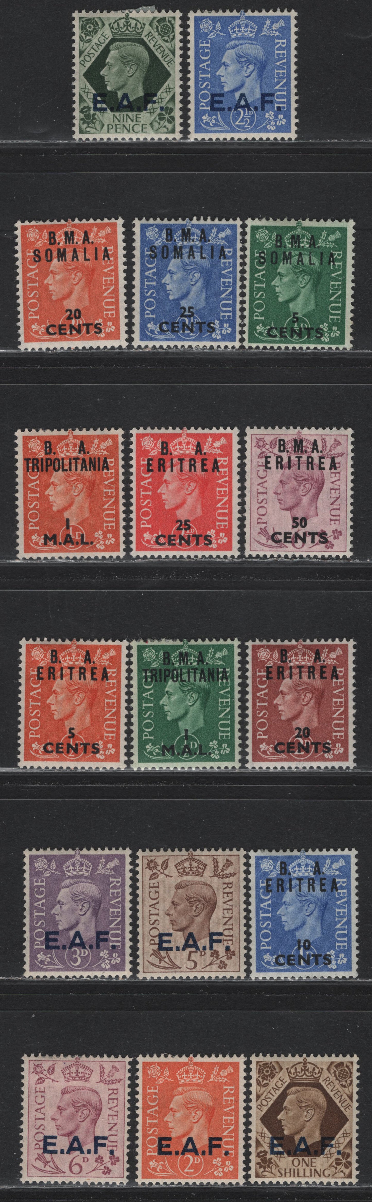 Lot 74 British Occupied Italian Colonies (C) SG#52-58, S10, S12-13, E26-E27, E19, T14, T27 2d - 1l on 1/2d Pale Orange , 1943-1950 King George VI Dulac Design Definitives, 17 F/VFOG Singles, Various Overprints, Small Thin On 2d Pale Orange