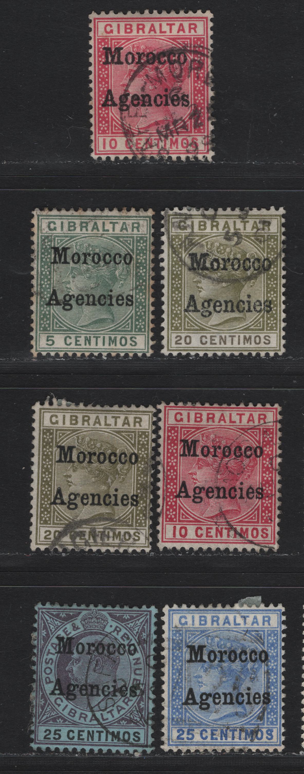 Lot 80 Morocco Agencies (C) SG#2-3, 9-12, 20 10c - 25c Carmine - Purple & Black , 1898-1905 Queen Victoria Gibraltar & King Edward VII Keyplate Issues, 7 Fine/Very Fine Used Singles, Types 1 & 2 Morocco Agencies Overprints, Crown CA Wmks