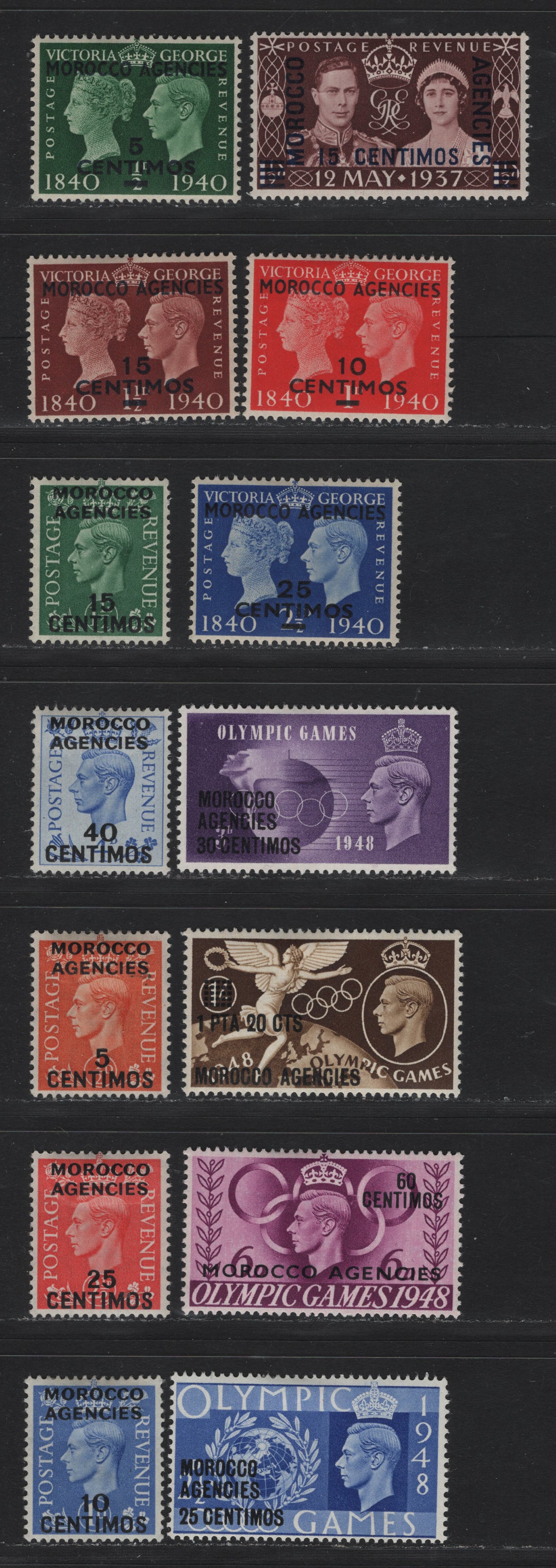 Lot 83 Morocco Agencies - Spanish Currency (C) SG#164, 172-175, 178-186 15c on 1.5d - 40c on 4d Maroon - Light Ultramarine , 1937-1952 Coronation - KGVI Dulac Design Definitives, 14 VFOG Singles, New Colors