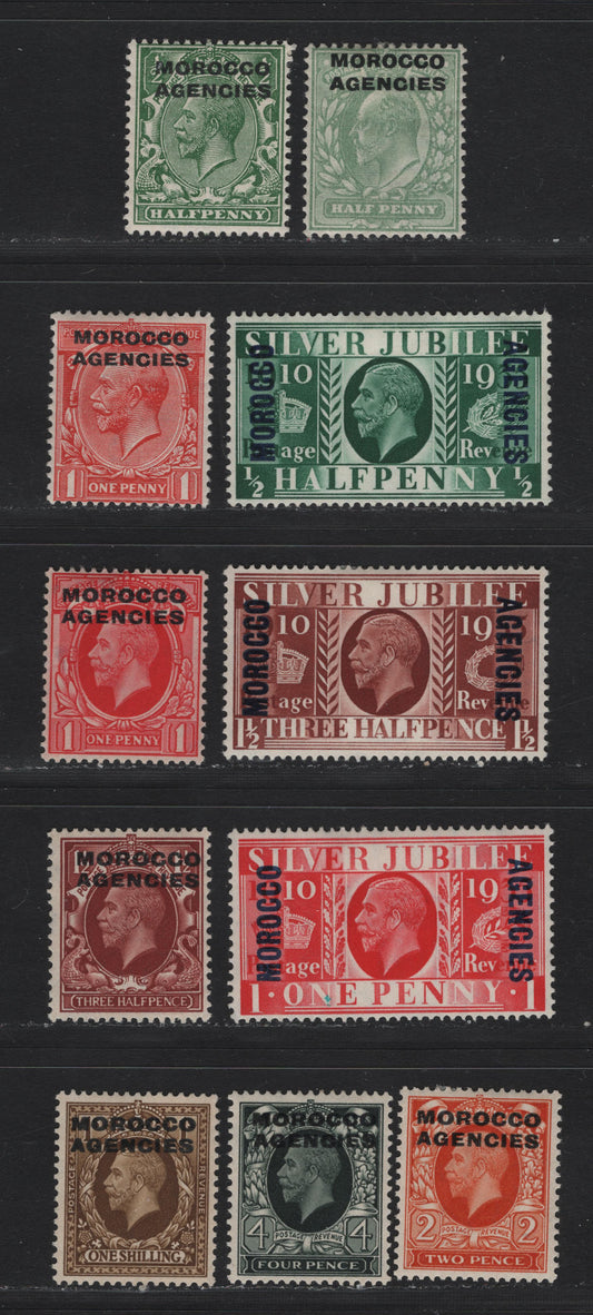 Lot 84 Morocco Agencies - British Currency (C) SG#31, 42-43, 62-64, 66-68, 71-72 1/2d - 1/- Pale Yellowish Green - Bistre Brown , 1907-1937 King Edward VII - KGV Photogravure Issues, 11 F/VFOG Singles