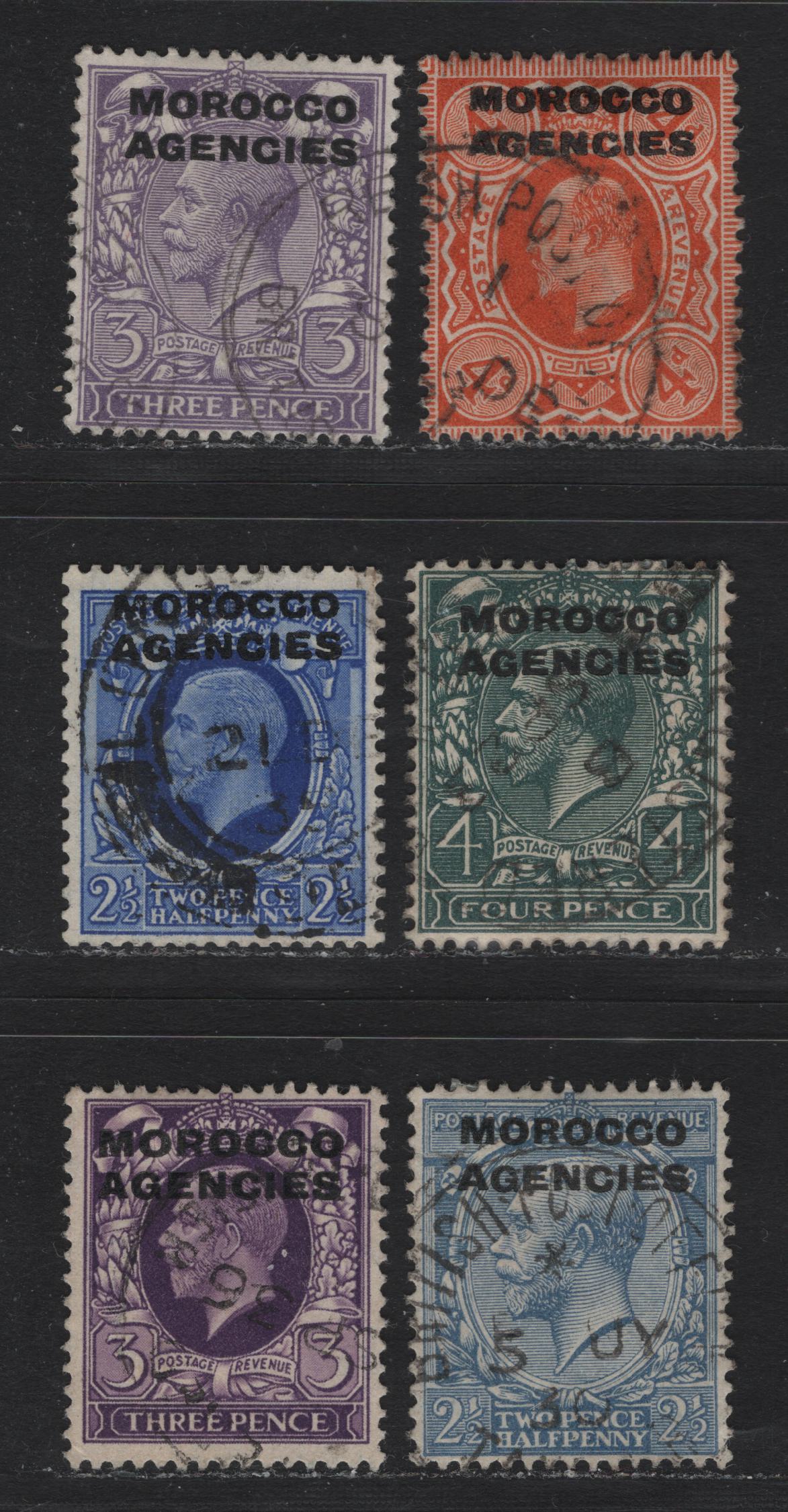 Lot 85 Morocco Agencies - British Currency (C) SG#35, 46-47, 58, 69-70 4d - 3d Pale Orange - Violet , 1907-1937 King Edward VII - KGV Photogravure Issues, 6 Very Fine Used Singles