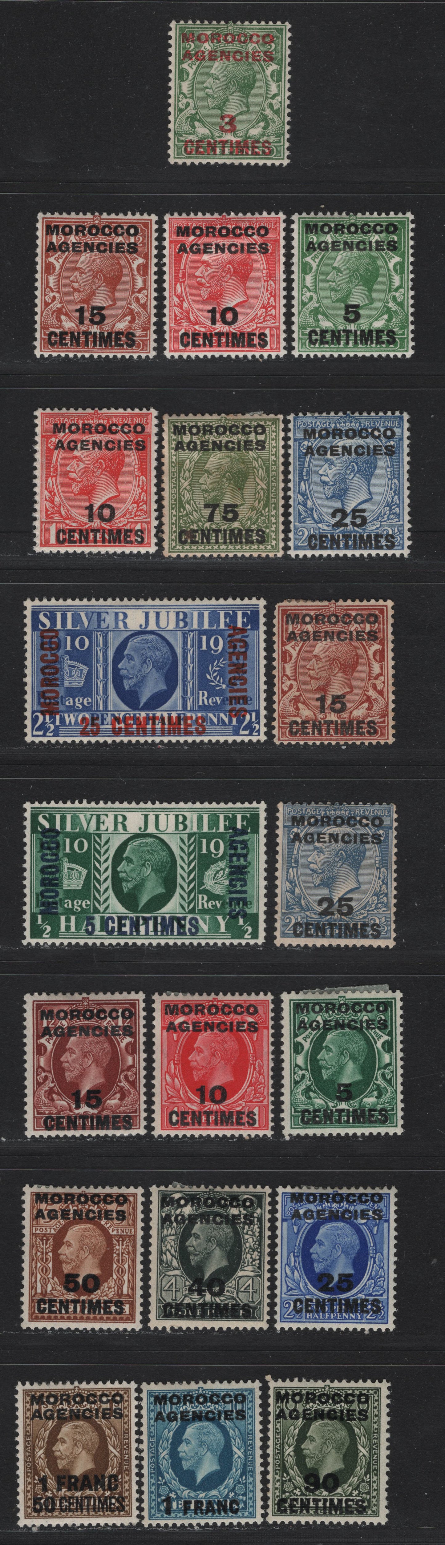 Lot 87 Morocco Agencies - French Currency (C) SG#191-195, 198, 203-205, 212, 215-224 3c on 1/2d - 1f50 on 1/- Green - Bistre Brown , 1917-1957 KGV Profile Heads - Photogravure Issues, 20 F/VFOG Singles, Royal Cypher Wmks