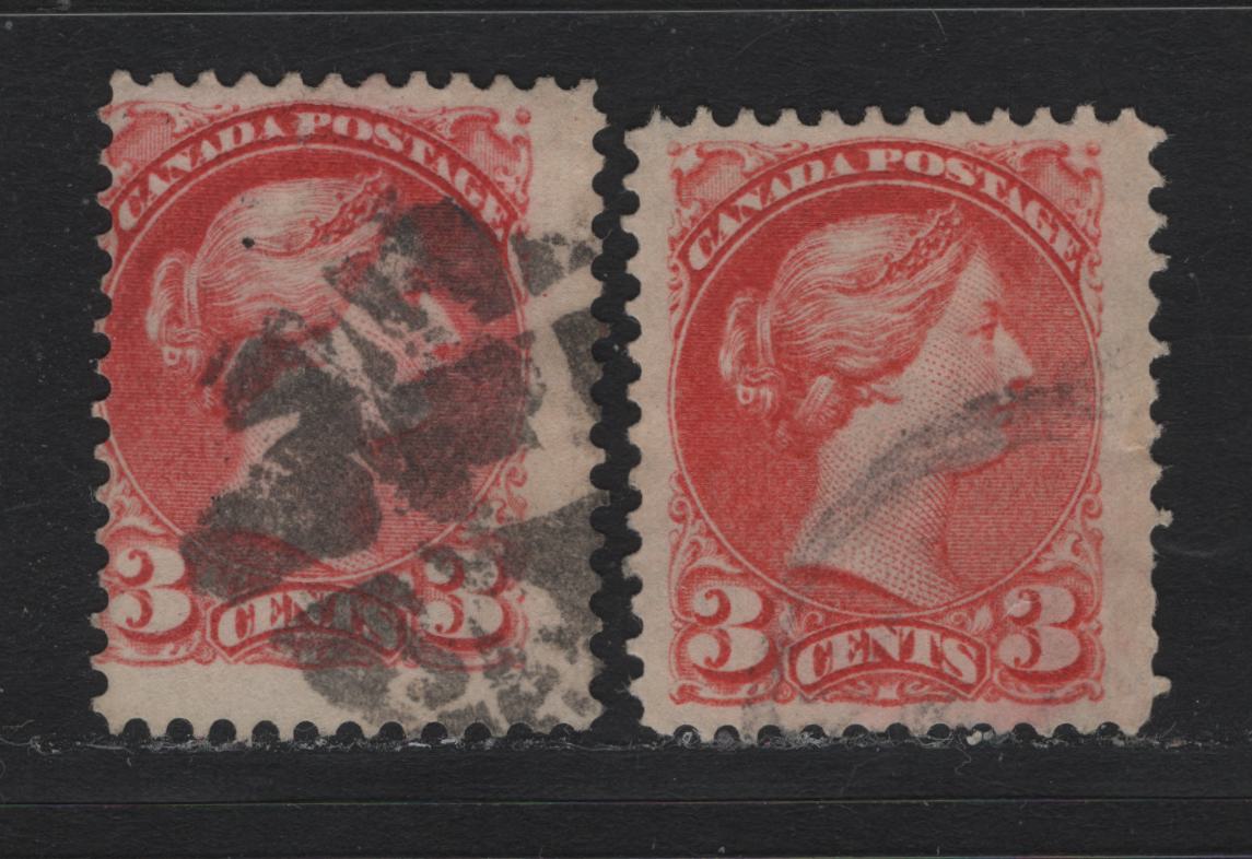 Lot 9 Canada (C) #41i,a 3c Rose Carmine - Deep Rose Carmine Queen Victoria, 1888-1897 Small Queen Issue, 2 Very Good/Fine Used Singles, Montreal Gazette Printings, MG-I & MG-H Papers, Perfs 12.1x12.25 & 12x12.2.