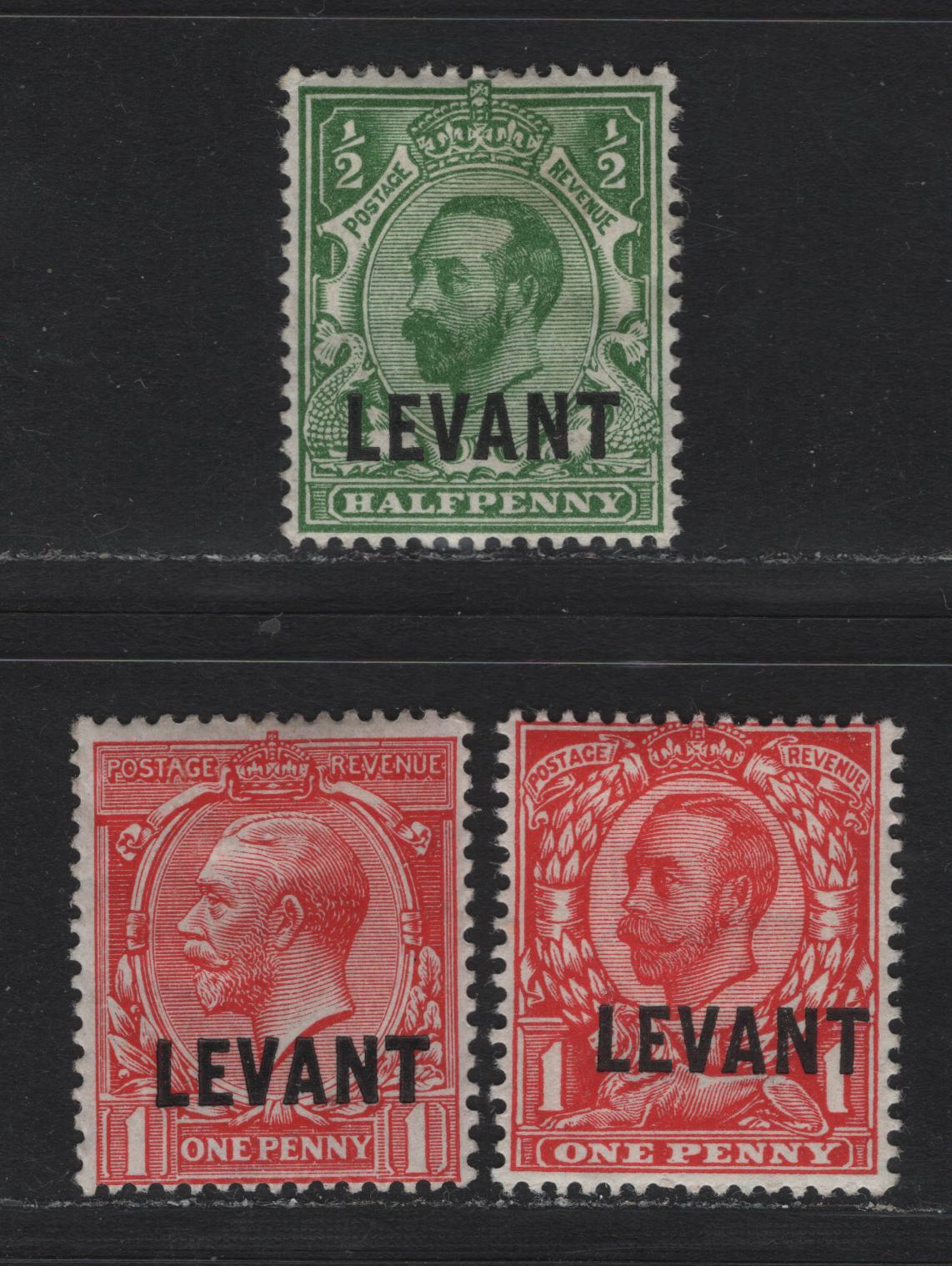 Lot 92 British Levant (C) SG#L12, L15, L17 1/2d & 1d Green, Bright Scarlet & Scarlet King George V, 1911-1913 Downey Head & Profile Head Issue Overprinted Levant, 3 Fine OG Singles Original Die, Re-Engraved Die, Wmk Crown & Royal Cypher