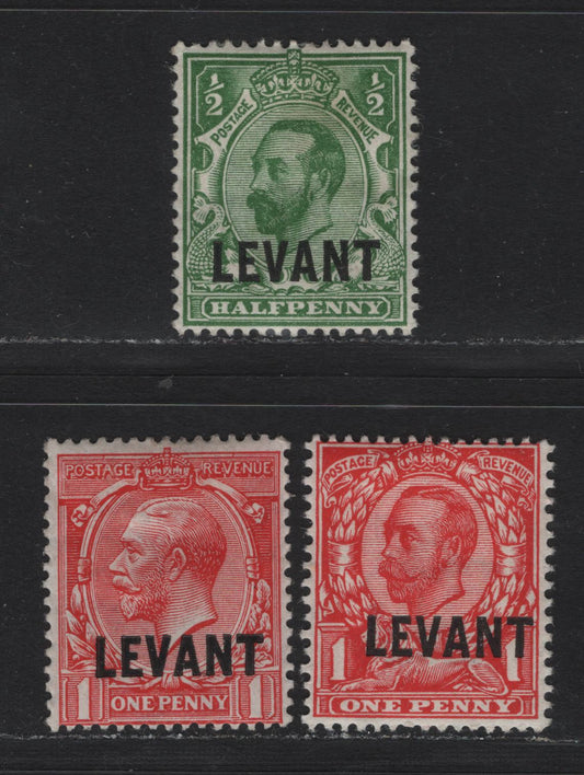 Lot 92 British Levant (C) SG#L12, L15, L17 1/2d & 1d Green, Bright Scarlet & Scarlet King George V, 1911-1913 Downey Head & Profile Head Issue Overprinted Levant, 3 Fine OG Singles Original Die, Re-Engraved Die, Wmk Crown & Royal Cypher