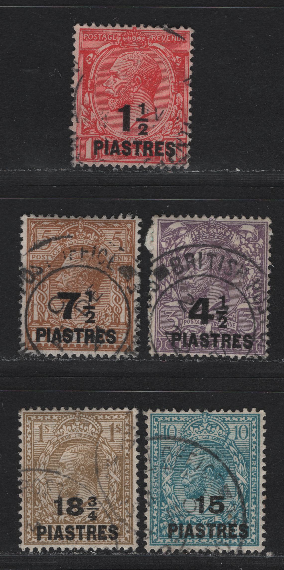 Lot 93 British Levant (C) SG#42, 44, 45a, 46, 47b 1.5pi - 18.75pi Scarlet - Olive Bistre King George V, 1921 Surcharged Profile Head Issue, 5 VF Used Singles Royal Cypher Wmk