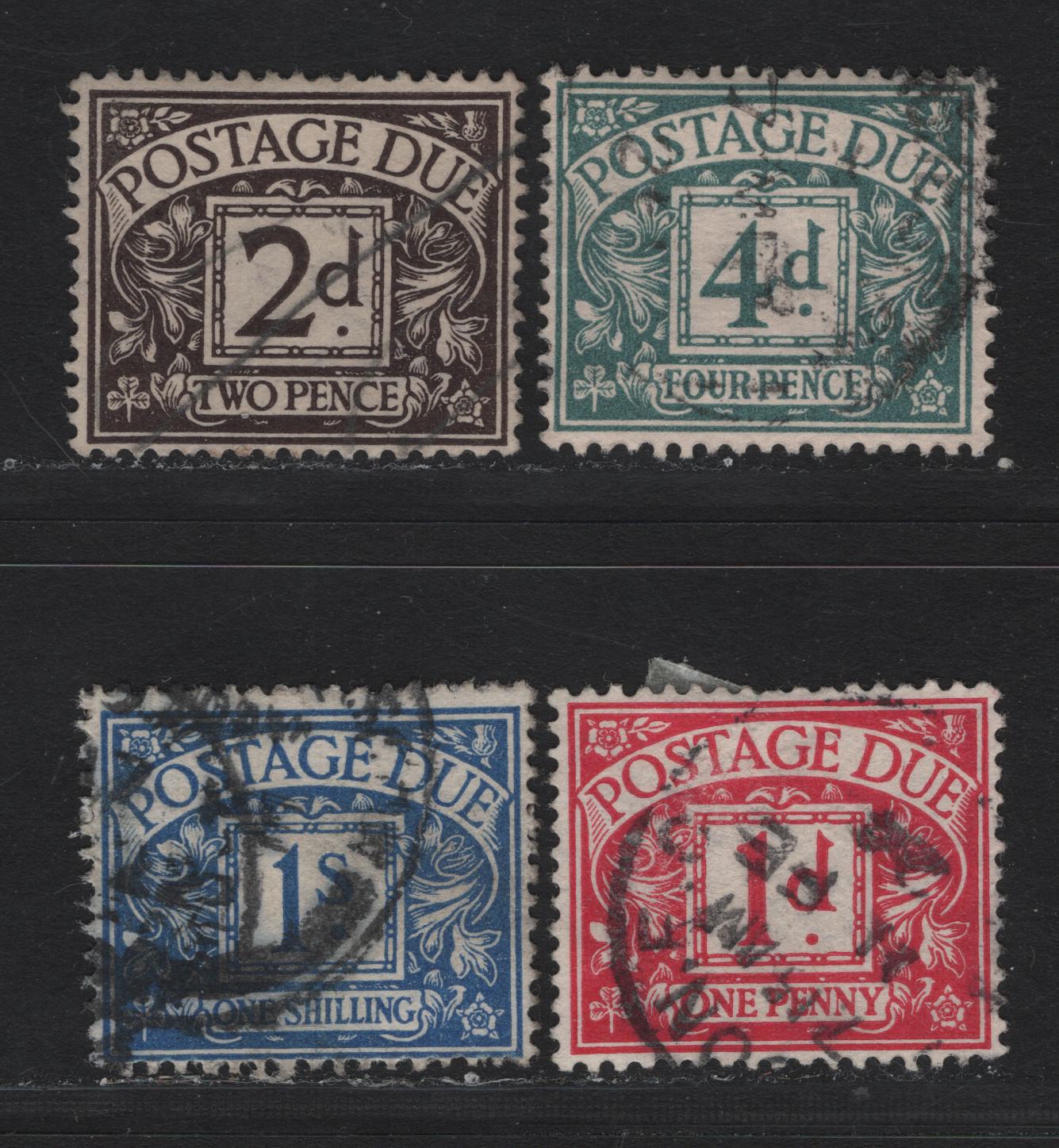 Lot 94 Great Britain (C) SG#D2wi, D4wi, D6wi, D8wi 1d-1/- Carmine - Bright Blue Framed Numeral, 1914-1922 Postage Due Issue, 4 Fine & VF Used Singles Wmk Royal Cypher Sideways-Inverted