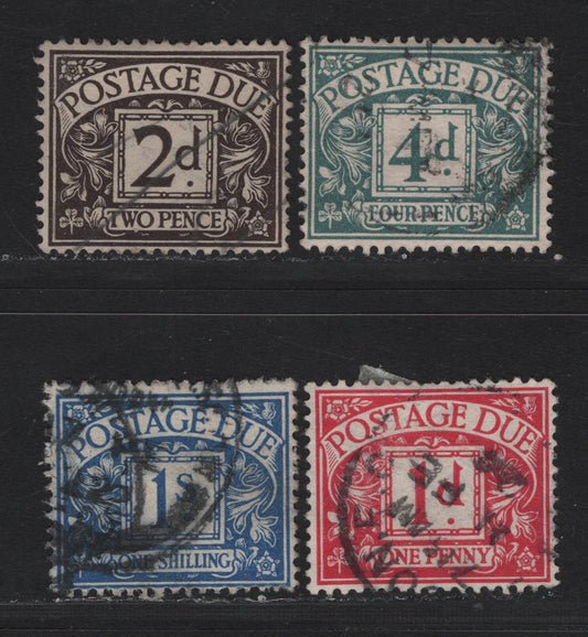 Lot 94 Great Britain (C) SG#D2wi, D4wi, D6wi, D8wi 1d-1/- Carmine - Bright Blue Framed Numeral, 1914-1922 Postage Due Issue, 4 Fine & VF Used Singles Wmk Royal Cypher Sideways-Inverted