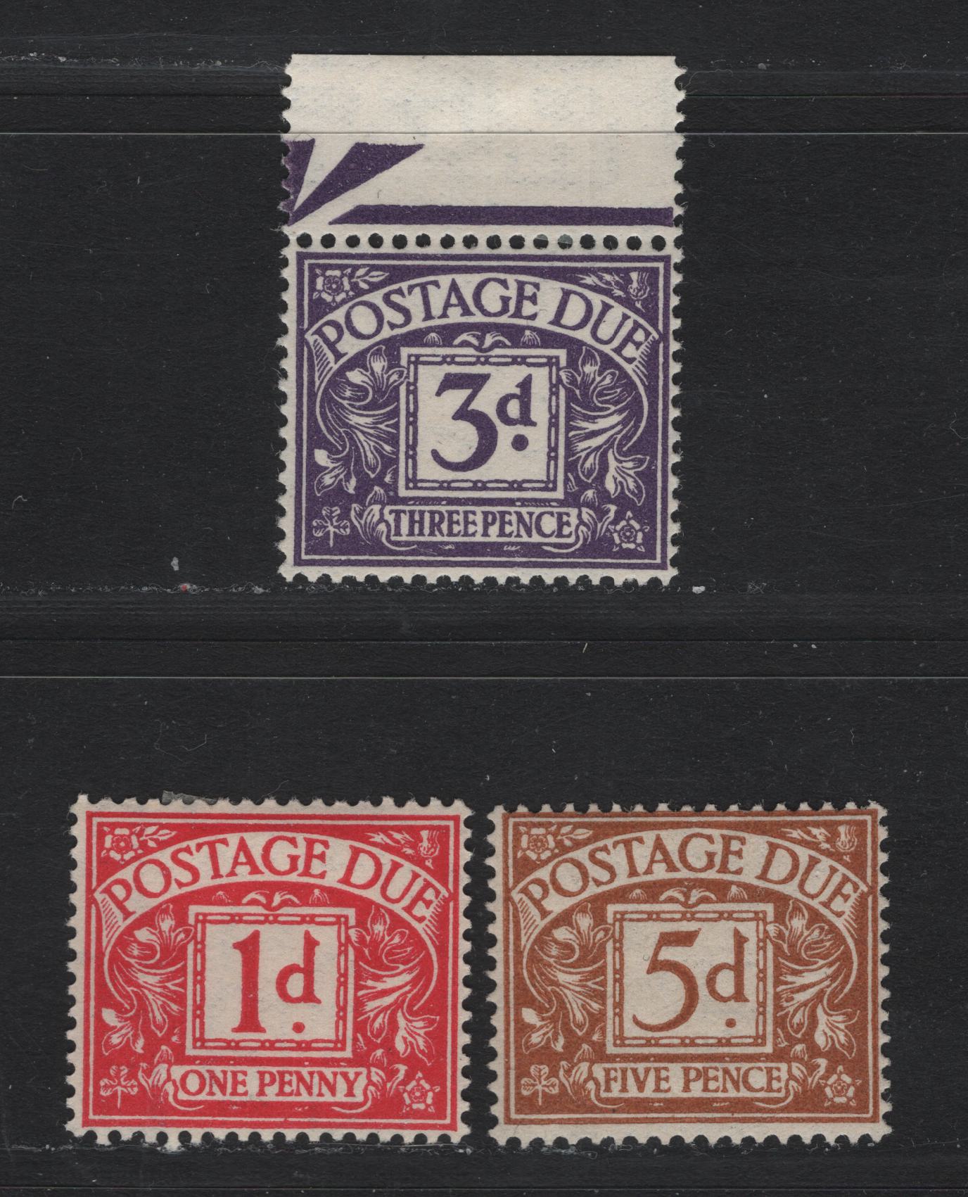 Lot 97 Great Britain (C) SG#D20, D22, D24 1d-5d Scarlet - Brownish Cinamon Framed Numeral, 1936-1937 Postage Due Issue, 3 Fine OG & VFOG & NH Singles Wmk E8R Sideways