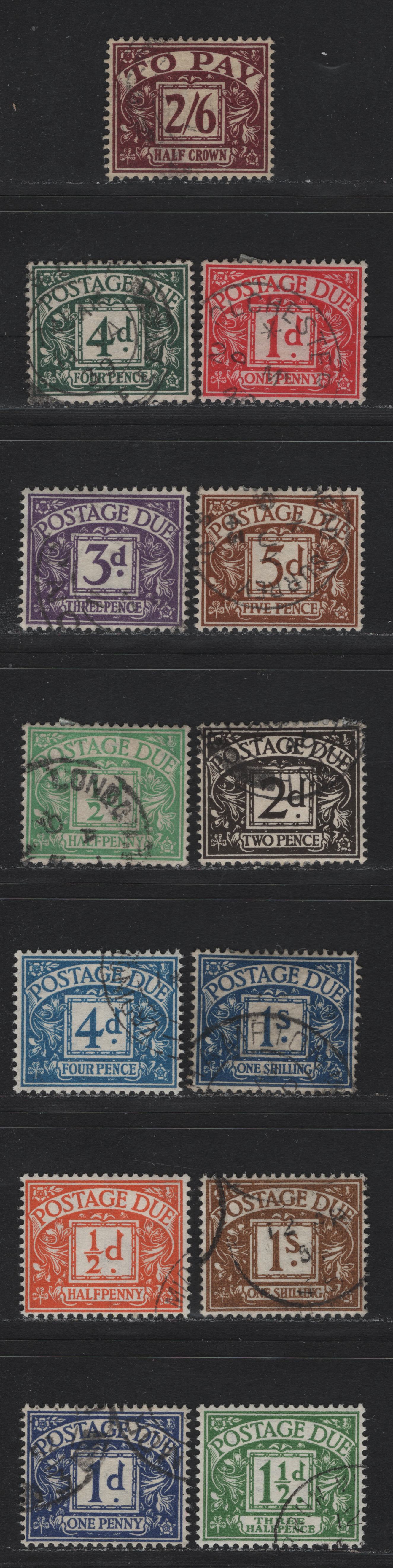 Lot 98 Great Britain (C) SG#D27-D39 1/2-1/- Emerald - Ochre Framed Numeral, 1937-1952 Postage Due Issue, 13 Fine & VF Used Singles Wmk GVIR Sideways
