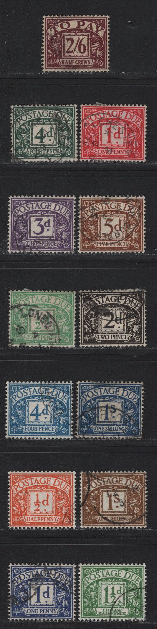 Lot 98 Great Britain (C) SG#D27-D39 1/2-1/- Emerald - Ochre Framed Numeral, 1937-1952 Postage Due Issue, 13 Fine & VF Used Singles Wmk GVIR Sideways