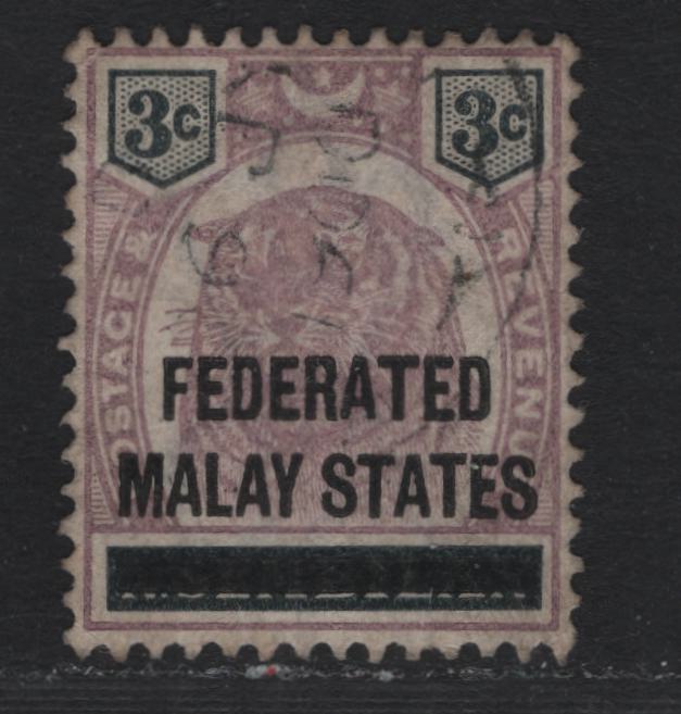 Lot 100 Federated Malaya States (C) SG#3 3c - 8c Dull Purple & Black , 1900 Overprinted Tiger Keyplates, A Very Fine Used Single