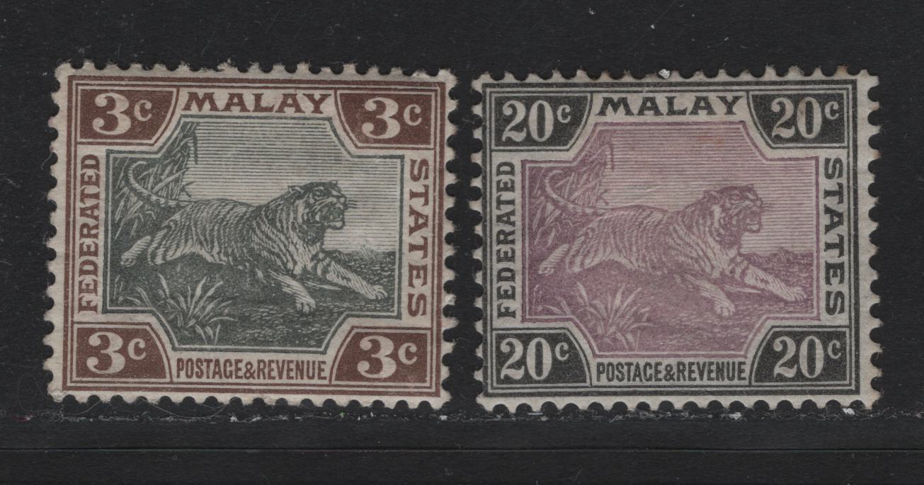 Lot 101 Federated Malaya States (C) SG#16, 21 3c - 20c Black & Brown - Mauve & Black , 1900-1901 Tiger Keyplates, 2 F/VFOG Singles, Crown Ca Wmk, Plate 1 Printings, Showing Two Upper Lines Of Background Shading Opposite 'S' of States, Separated.