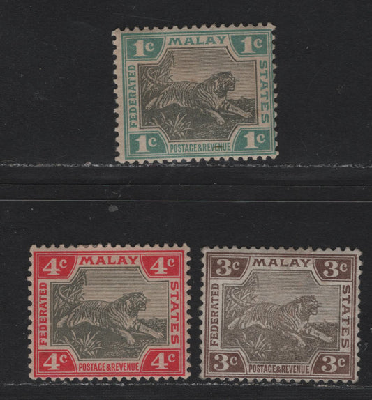 Lot 104 Federated Malaya States (C) SG#15a, 16a, 17a 1c - 4c Gray & Green - Gray & Aniline Carmine , 1900-1901 Tiger Keyplates, 3 F/VFOG Singles, Some Toning On 1c & 4c, Only Part Gum On 3c