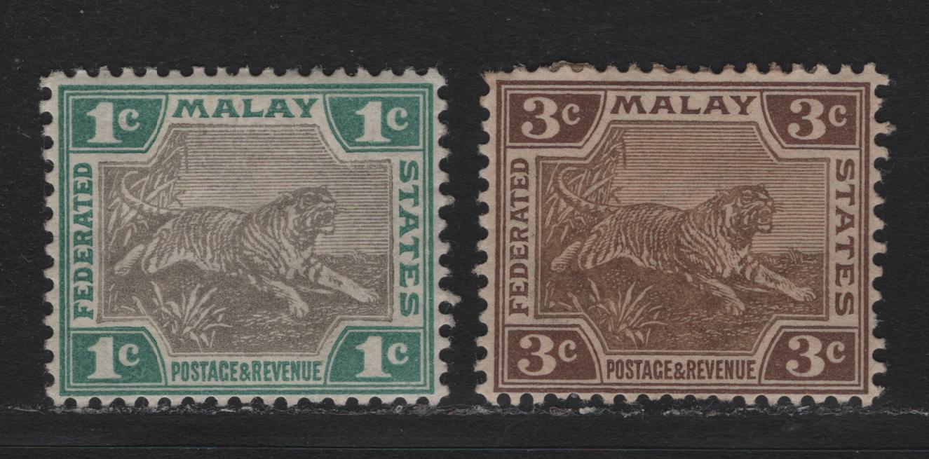 Lot 107 Federated Malaya States (C) SG#15b, 16b 1c - 3c Brownish Gray & Green - Brownish Gray & Brown , 1900-1901 Tiger Keyplates, 2 VFOG Singles, Some Gum Toning On 3c