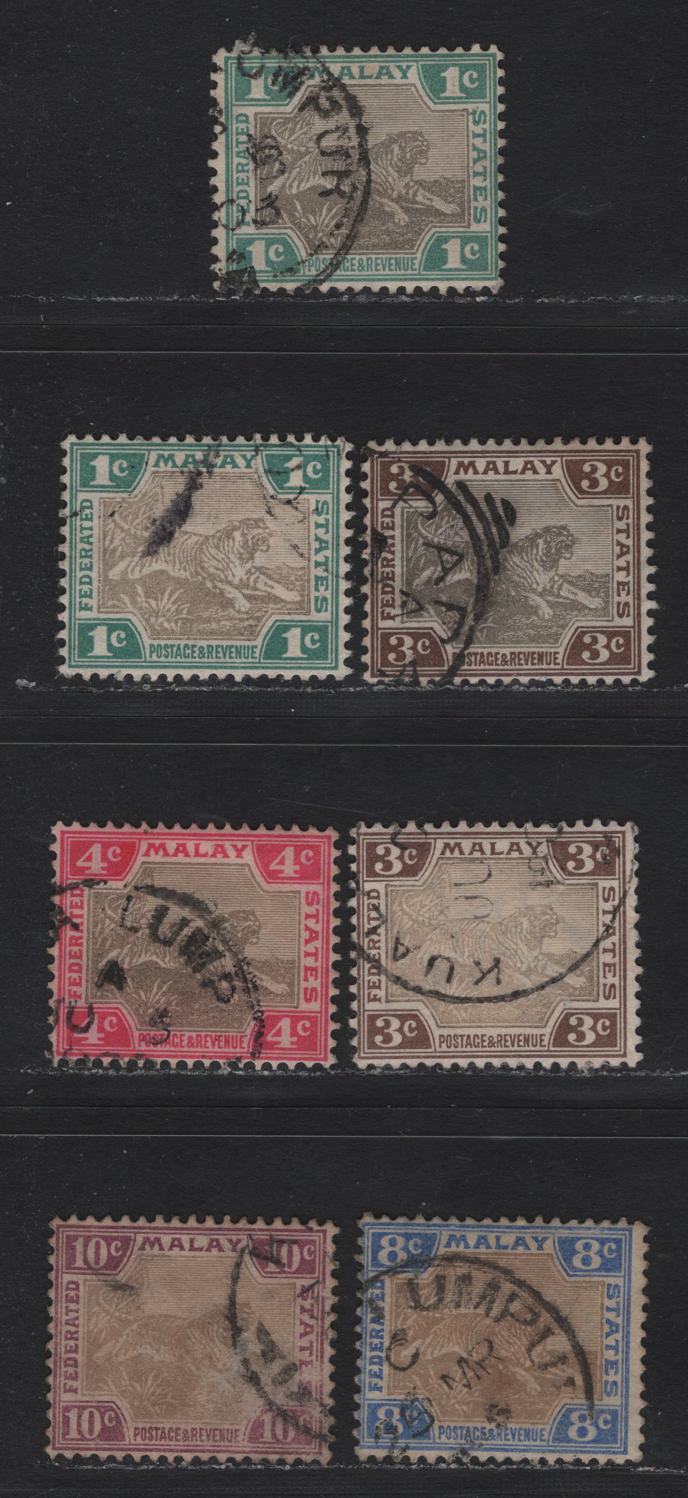 Lot 109 Federated Malaya States (C) SG#15b, 16b, 17b, 19b, 20d 1c - 10c Gray Brown & Green - Gray Brown & Purple , 1900-1901 Tiger Keyplates, 7 Fine/Very Fine Used Singles, Some Toning On The 10c, Plate 2, Which Shows Upper 2 Shady Lines Opposed 'S'.