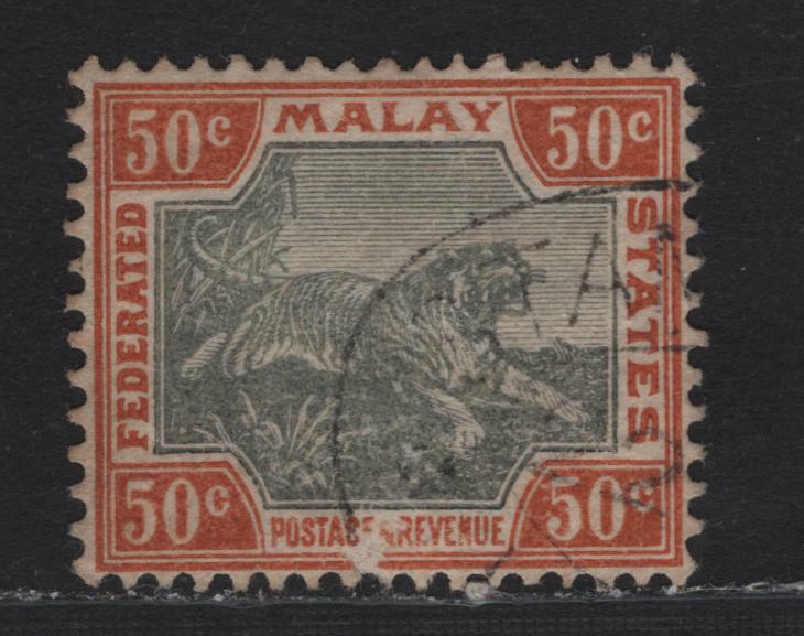 Lot 111 Federated Malaya States (C) SG#22a 50c Gray & Orange Brown , 1900-1901 Tiger Keyplates, A Very Fine Used Single, Plate 1 Example, Small Scuff Near 'Postage & Revenue'