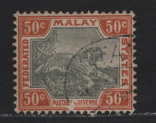 Lot 111 Federated Malaya States (C) SG#22a 50c Gray & Orange Brown , 1900-1901 Tiger Keyplates, A Very Fine Used Single, Plate 1 Example, Small Scuff Near 'Postage & Revenue'