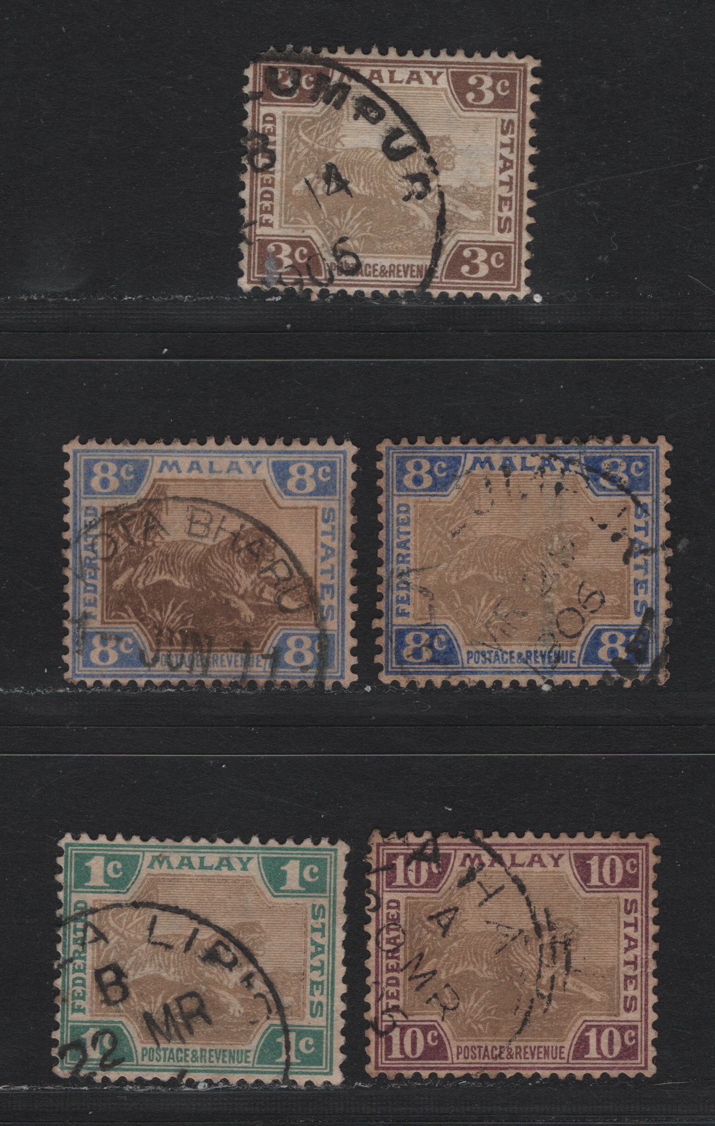 Lot 112 Federated Malaya States (C) SG#27a, 32a, 41a, 43 1c - 10c Gray Brown & Green - Gray Brown & Claret , 1904-1922 Tiger Keyplates, 5 Fine/Very Fine Used Singles, Plates 1 & 2, Extra Shades Of 8c, MCA Wmks.
