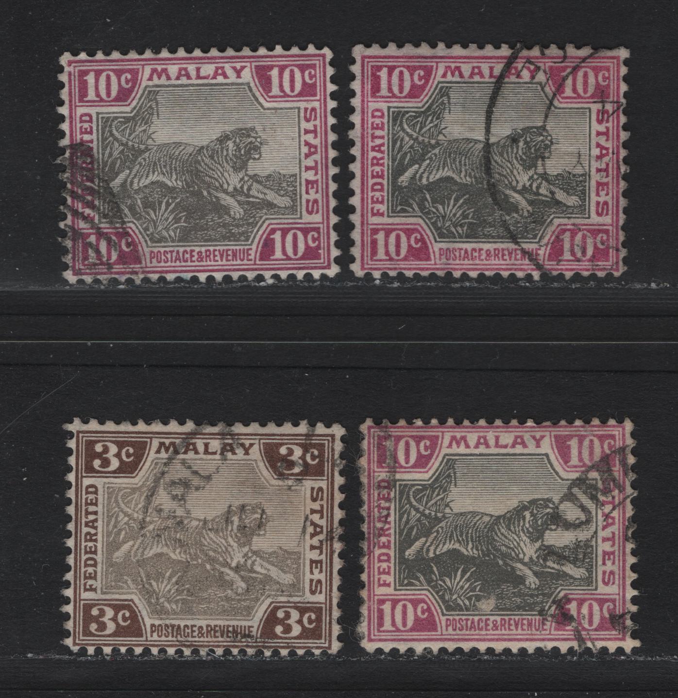 Lot 113 Federated Malaya States (C) SG#32, 43d 3c - 10c Gray & Brown - Black & Purple , 1904-1922 Tiger Keyplates, 4 Very Fine Used Singles, Plate 1 Examples, Different Frame & Head Shade Plates