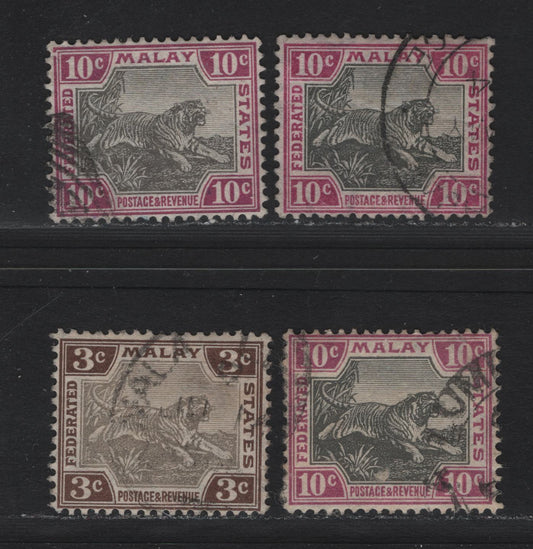 Lot 113 Federated Malaya States (C) SG#32, 43d 3c - 10c Gray & Brown - Black & Purple , 1904-1922 Tiger Keyplates, 4 Very Fine Used Singles, Plate 1 Examples, Different Frame & Head Shade Plates