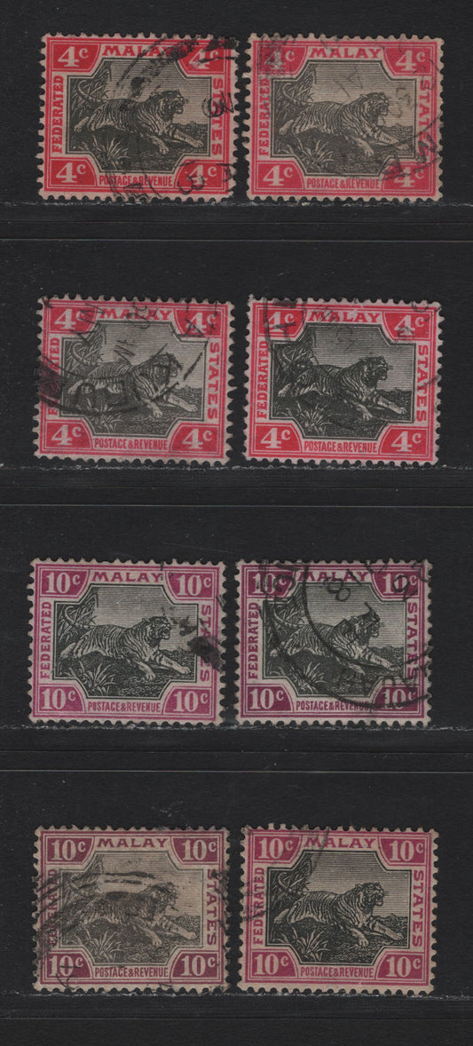 Lot 114 Federated Malaya States (C) SG#36e,f, 43nw, 43d, 43e 4c - 10c Black & Aniline Rose - Jet Black & Bright Purple , 1904-1922 Tiger Keyplates, 8 Very Fine Used Singles, Unlisted Shades, Plates 1 & 2, 10c Black & Purple With Inverted Sideways Wmk.