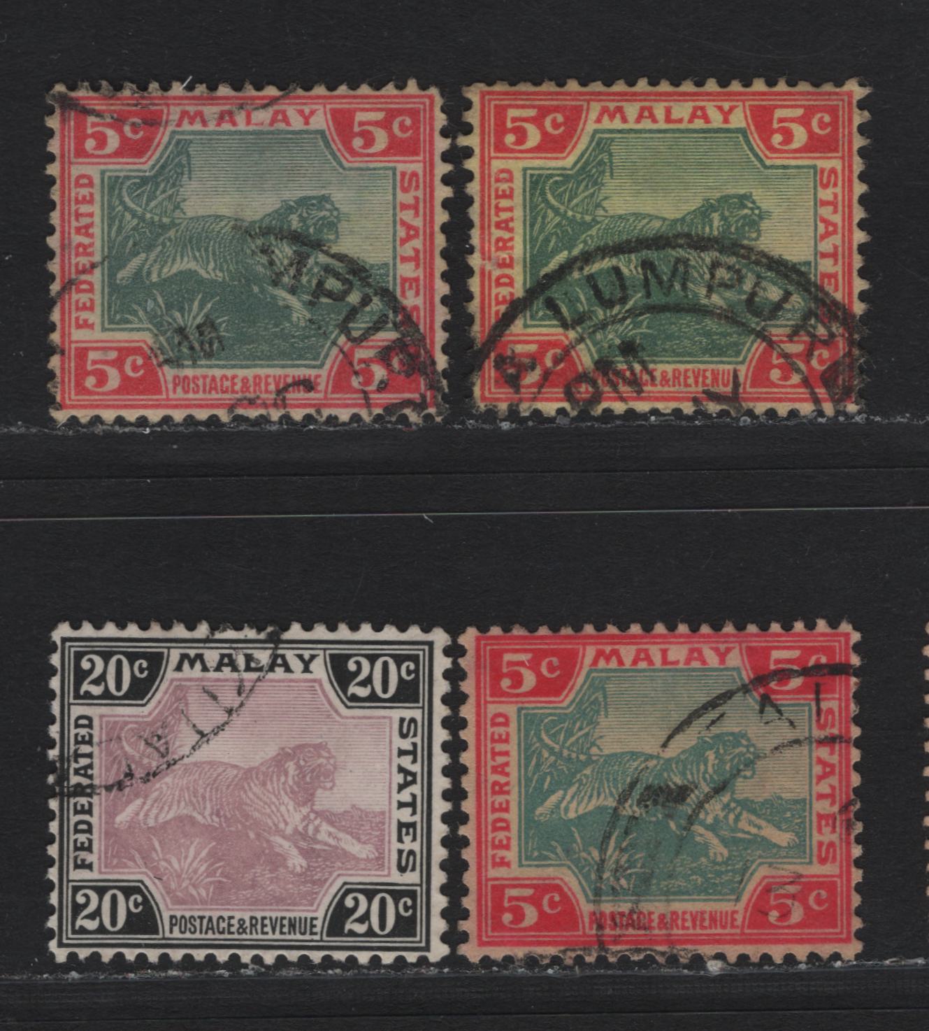 Lot 115 Federated Malaya States (C) SG#39,d,e, 45 5c - 20c Green & Carmine - Mauve & Black , 1904-1922 Tiger Keyplates, 4 Very Fine Used Singles, Plate 2 Printings