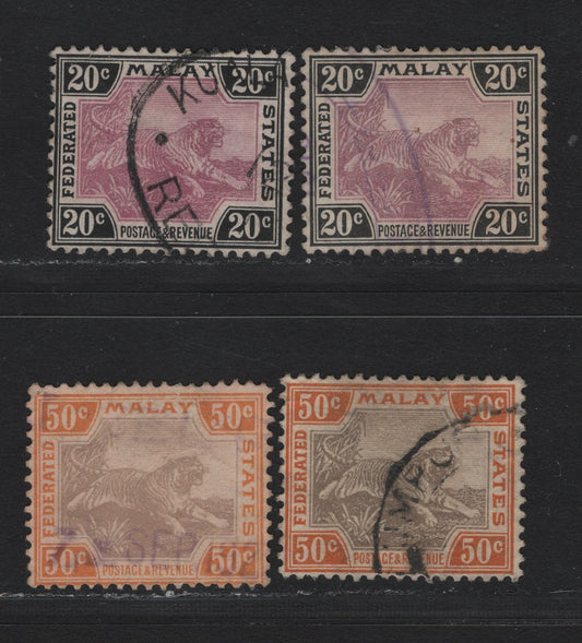 Lot 116 Federated Malaya States (C) SG#45a, 47d 20c - 50c Mauve & Black - Gray Brown & Orange Brown , 1904-1922 Tiger Keyplates, 4 Fine/Very Fine Used Singles, Chalky Paper Printings, Plate 2, Different Shades.