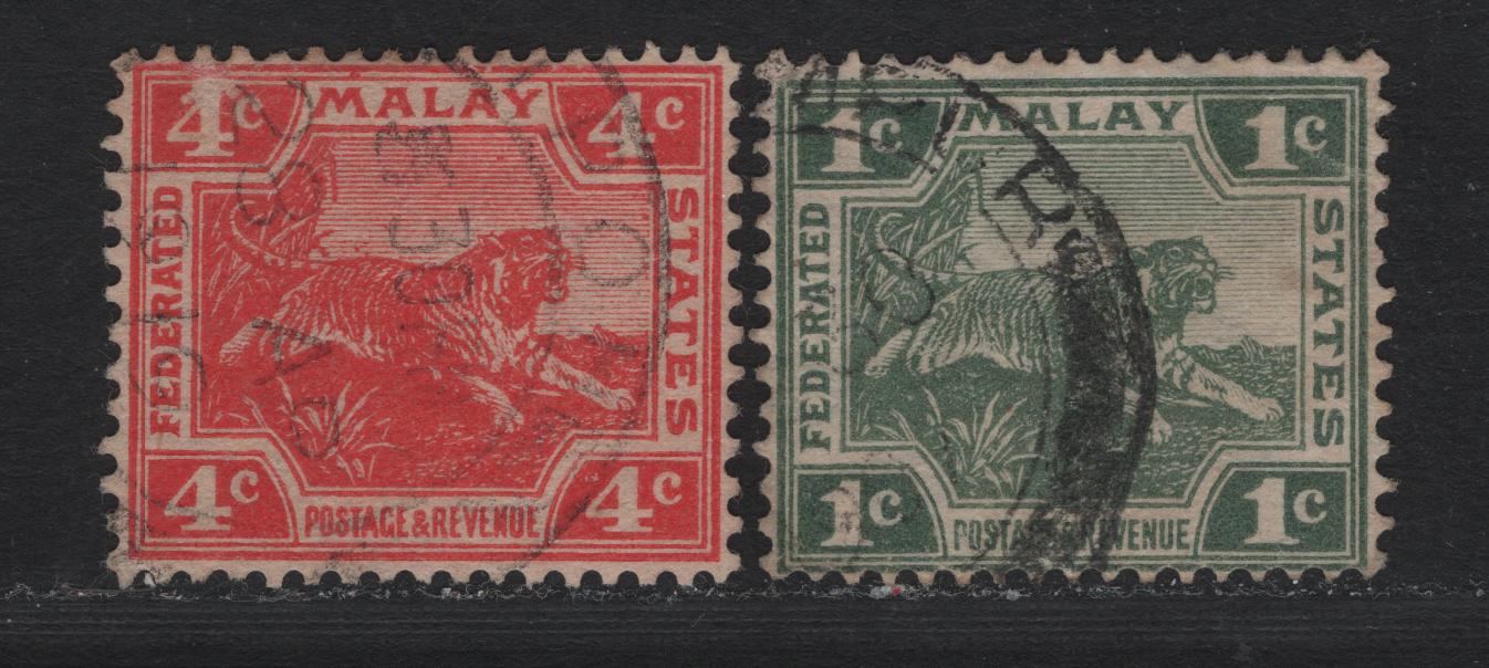 Lot 119 Federated Malaya States (C) SG#28, 37 1c - 4c Green - Scarlet , 1904-1922 Tiger Keyplates, 2 Fine/Very Fine Used Singles, Plate 2 Printings, Die 1