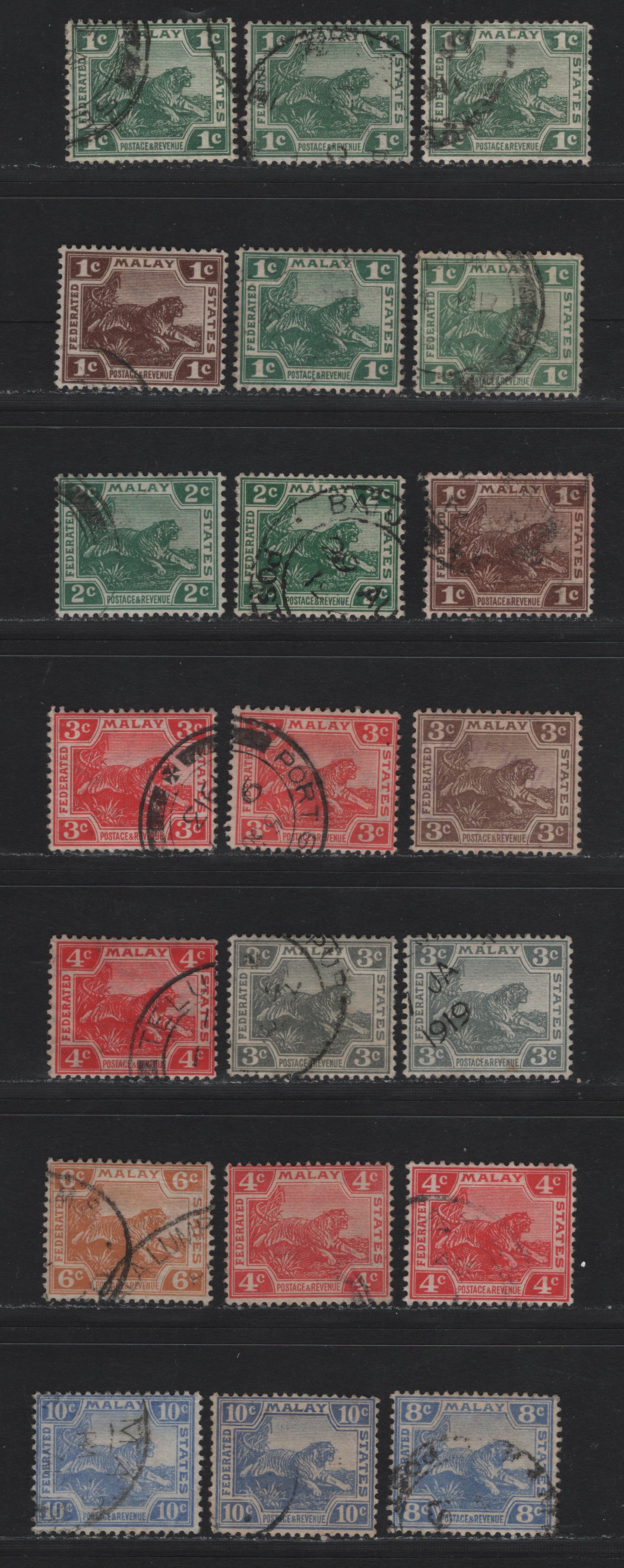 Lot 121 Federated Malaya States (C) SG#29-31, 33-34,b, 35, 38, 40, 42, 44a 1c - 10c Green - Bright Blue , 1904-1922 Tiger Keyplates, 20 Fine/Very Fine Used Singles, Die 2 Printings From Plates 1 & 2, Various Shades