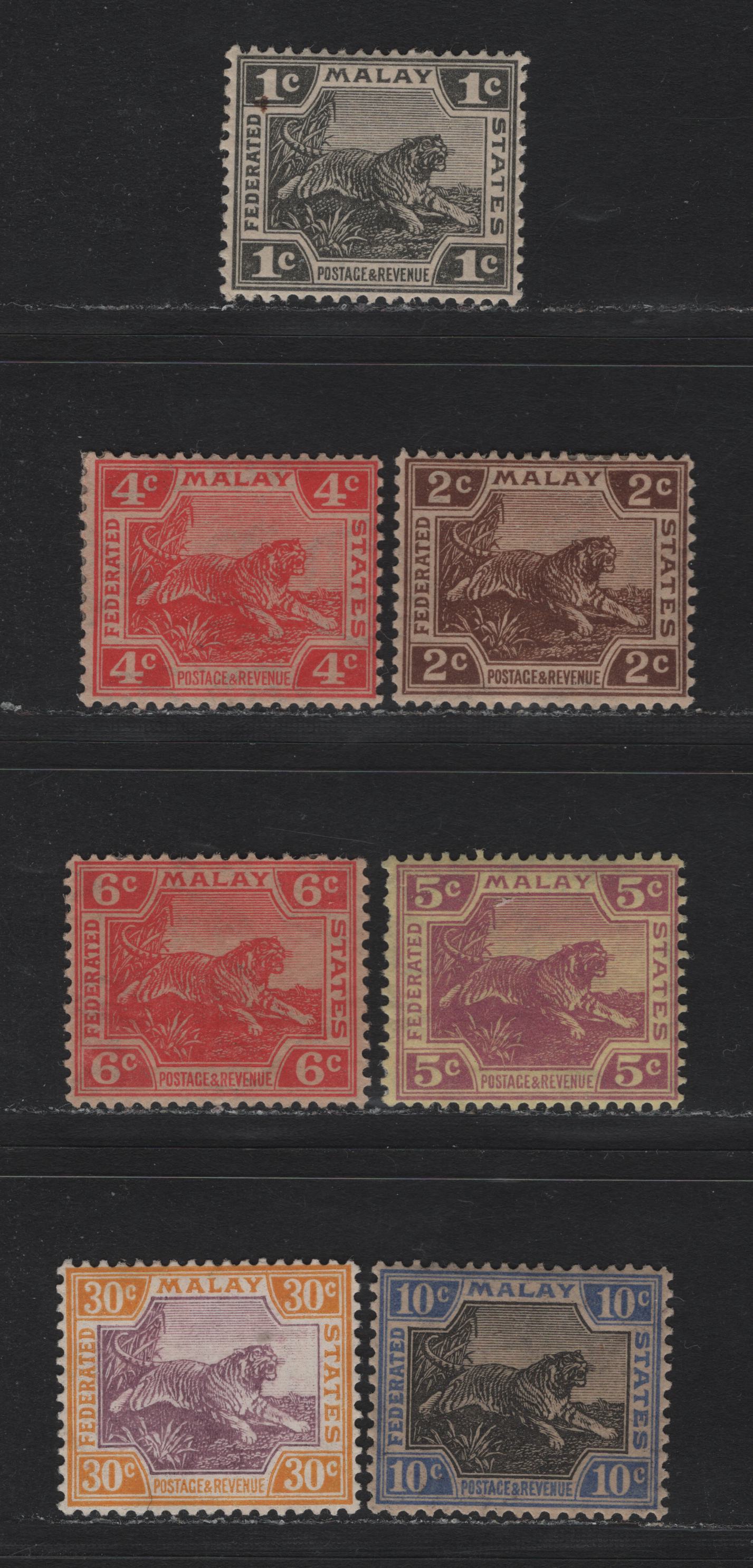 Lot 122 Federated Malaya States (C) SG#53-54, 59, 61, 64, 66, 71 2c - 30c Brown - Purple & Orange Yellow , 1922-1934 Tiger Keyplates, 7 F/VFOG Singles, Script CA Sideways Wmk, Some Gum Toning On Several Values