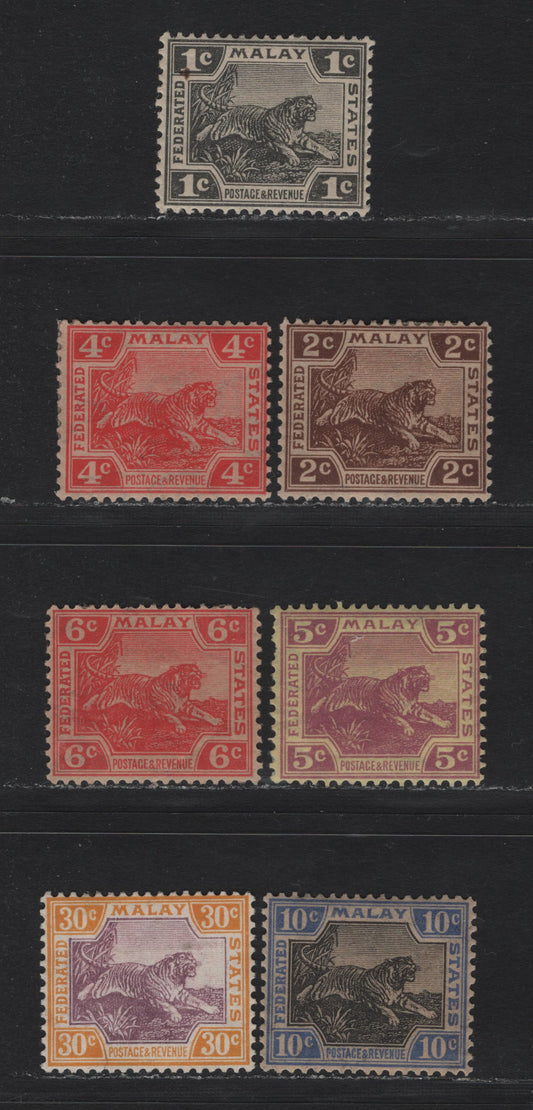 Lot 122 Federated Malaya States (C) SG#53-54, 59, 61, 64, 66, 71 2c - 30c Brown - Purple & Orange Yellow , 1922-1934 Tiger Keyplates, 7 F/VFOG Singles, Script CA Sideways Wmk, Some Gum Toning On Several Values