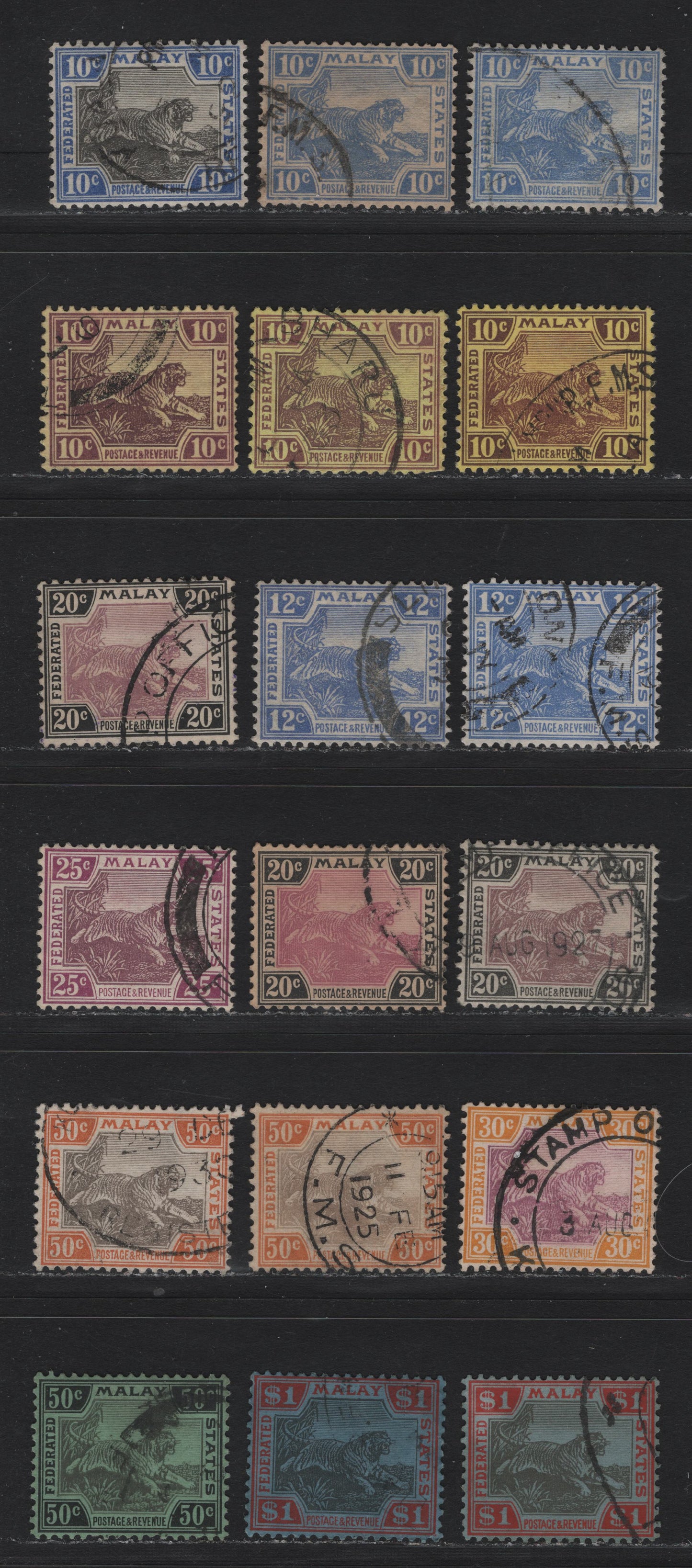 Lot 124 Federated Malaya States (C) SG#65/77, 69a, 74a 10c - $1 Bright Blue - Black & Red , 1922-1934 Tiger Keyplates, 18 Fine/Very Fine Used Singles, Different Printings In A Variety Of Shades, None Of Which Are Listed