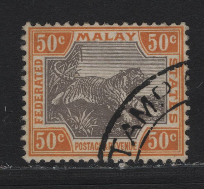 Lot 125 Federated Malaya States (C) SG#74aw 50c Black & Orange , 1922-1934 Tiger Keyplates, A Very Fine Used Single, Sideways Inverted Wmk, Fiscal Cancel, Unpriced Used.