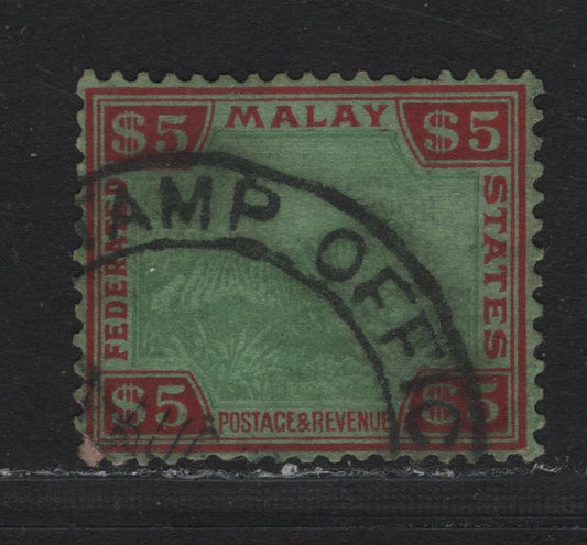 Lot 126 Federated Malaya States (C) SG#81 $5 Green & Red , 1922-1934 Tiger Keyplates, A Very Good Used Single, Fiscal Cancel & Repaired Lower Left Corner Perf, But Rare Value