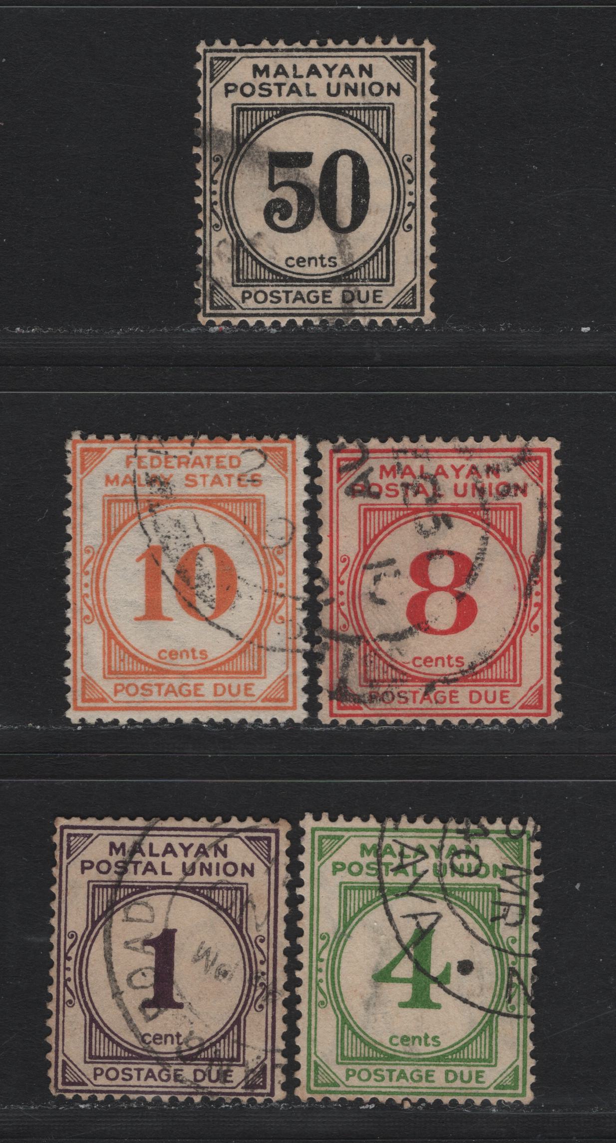 Lot 128 Malayan Postal Union (C) SG#Da-D4, D6 1c - 50c Slate Purple - Black , 1936-1938 Postage Dues, 5 Fine/Very Fine Used Singles, Perf 15x14