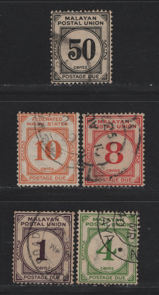 Lot 128 Malayan Postal Union (C) SG#Da-D4, D6 1c - 50c Slate Purple - Black , 1936-1938 Postage Dues, 5 Fine/Very Fine Used Singles, Perf 15x14