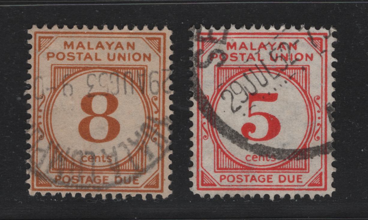 Lot 130 Malayan Postal Union (C) SG#D18-D19 5c - 8c Vermillion - Yellow Orange , 1951-1963 Postage Dues, 2 Very Fine Used Singles, Perf 14