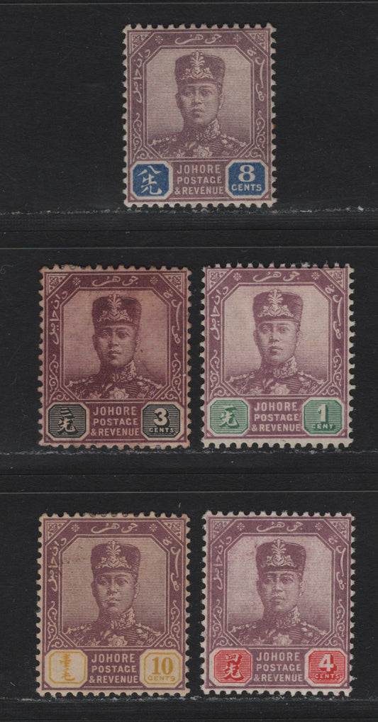 Lot 132 Malaya - Johore (C) SG#66, 78, 80, 91, 112 8c - 10c Dull Purple & Blue - Dull Purple & Yellow , 1904-1941 Sultan Ibrahim Keyplate Issues, 5 F/VFOG Singles, Rosette, Multiple Rosettes, Multiple Crown CA & Script CA Wmks