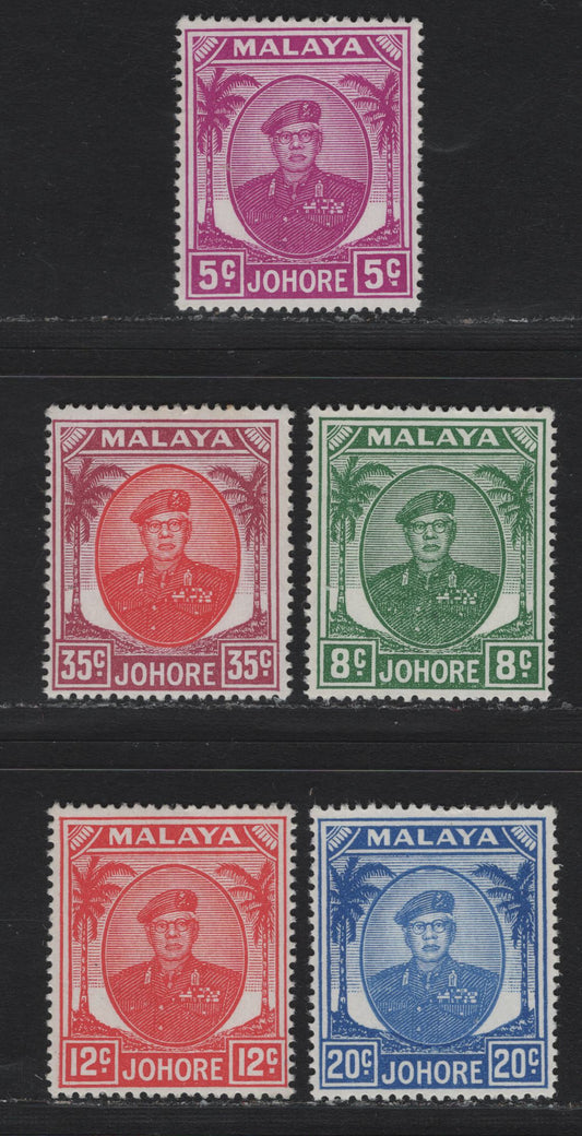 Lot 135 Malaya - Johore (C) SG#136a, 138a, 139a, 141a, 142b 5c - 35c Bright Purple - Scarlet & Purple , 1949-1955 Sultan Sir Ibrahim Palm & Tree Portrait Keyplates, 5 F/VFNH Singles, 1952 Printings